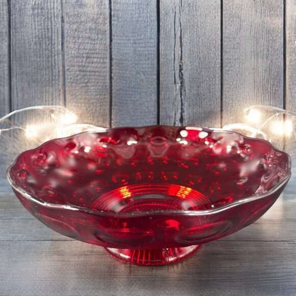 Imperial Glass Old English Ruby Bowl Dot Groove Design Footed Scalloped Rim Bowl - Picture 1 of 16